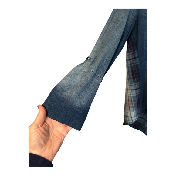 Anthropology Cloth & Stone Womens MED Blue Ombre Blouse Adj Flare Sleeve Plaid - Picture 4 of 4